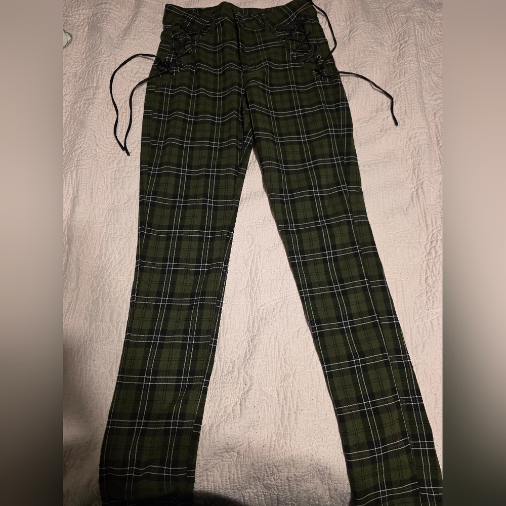 Killstar Olive Green Plaid Lace-Up Skinny Pants Size M - Picture 3 of 8